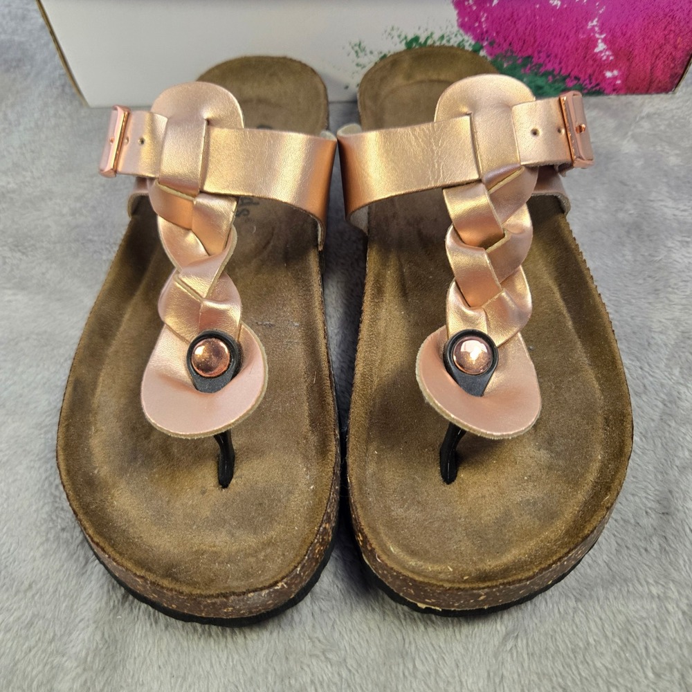 Outwoods Womens Rose Gold Braided T-Strap Cork Footbed Thong Sandals Size 7